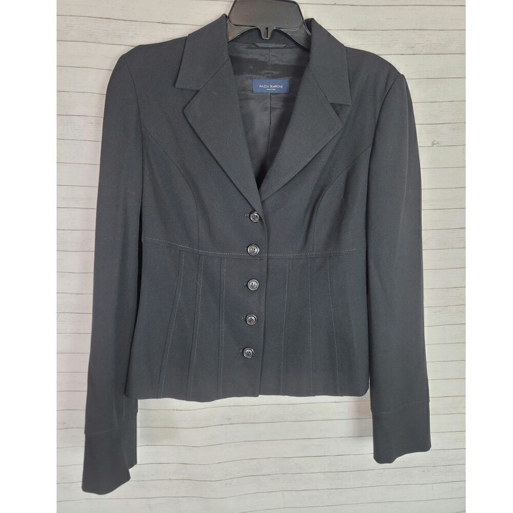 PIAZZA SEMPIONE PLEATED SEAMS WOOL BLEND BLAZER JACKET IN BLACK, SZ 8